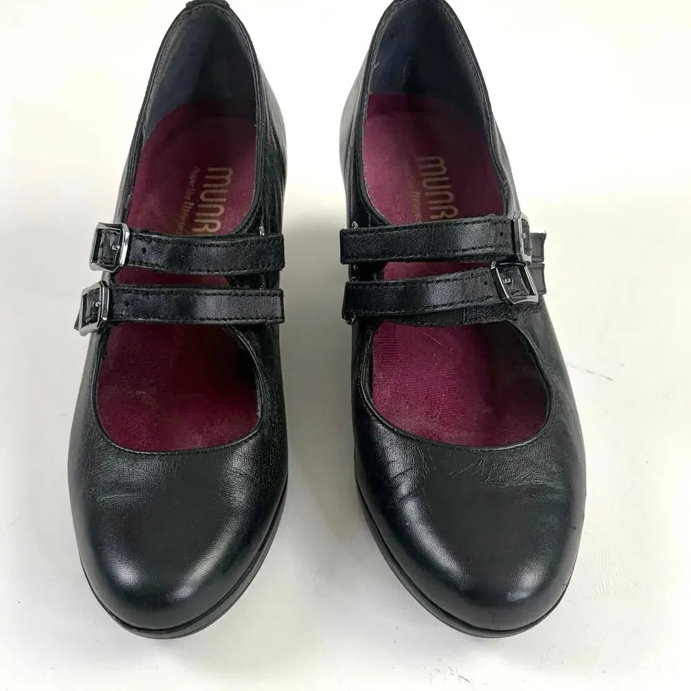 Munro Alicia Black Leather Double Strap Mary Jane Pumps Sz 7 Witchy Academia